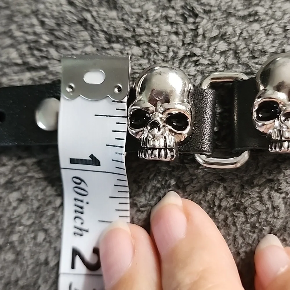 Silvertone Skull Black Leather Bracelet